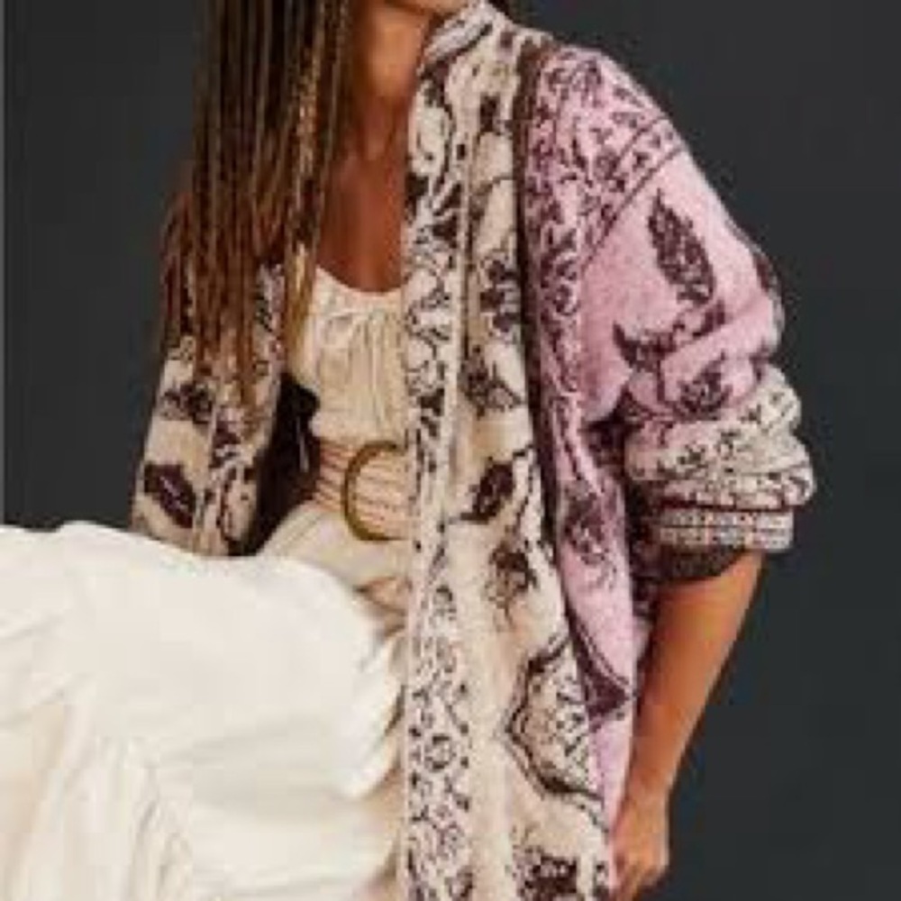 Anthropologie Pink and Brown Patterned Cardigan